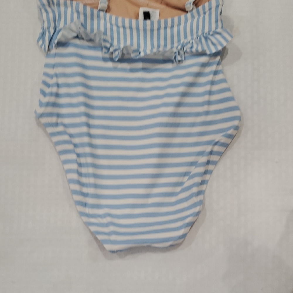 J. Crew Ruffle Plunging  Blue and White Striped Women's One Piece Swimsuit - Picture 4 of 12